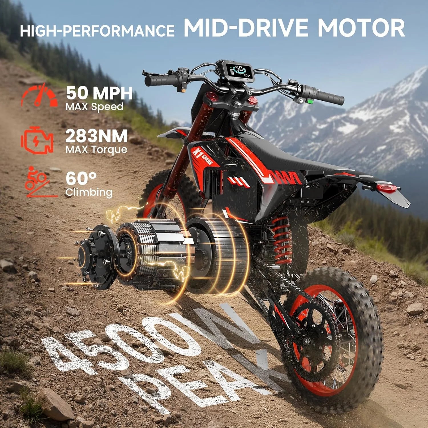 Electric Dirt Bike for Teens Adults, 4500W Peak Ebike, 60V 28.8Ah with 50MPH & 60Miles Electric Mountain Bikes, 14"/12" Off-Road Fat Tire E-Bike, Dual Hydraulic Brakes, Full Suspension, UL2849 by SGS