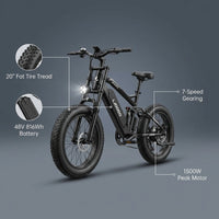 Electric Bike for Adults,1500W Peak,35Mph,48V 816Wh Battery,Max 75Miles Electric Motorcycle,20'' Fat Tire Dirt Bike,7-Speed Bike — infographic
