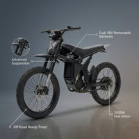 Electric Dirt Bike Built for Off-Road Adventure, 2000W Motor, Dual Batteries, Advanced Suspension — infographic
